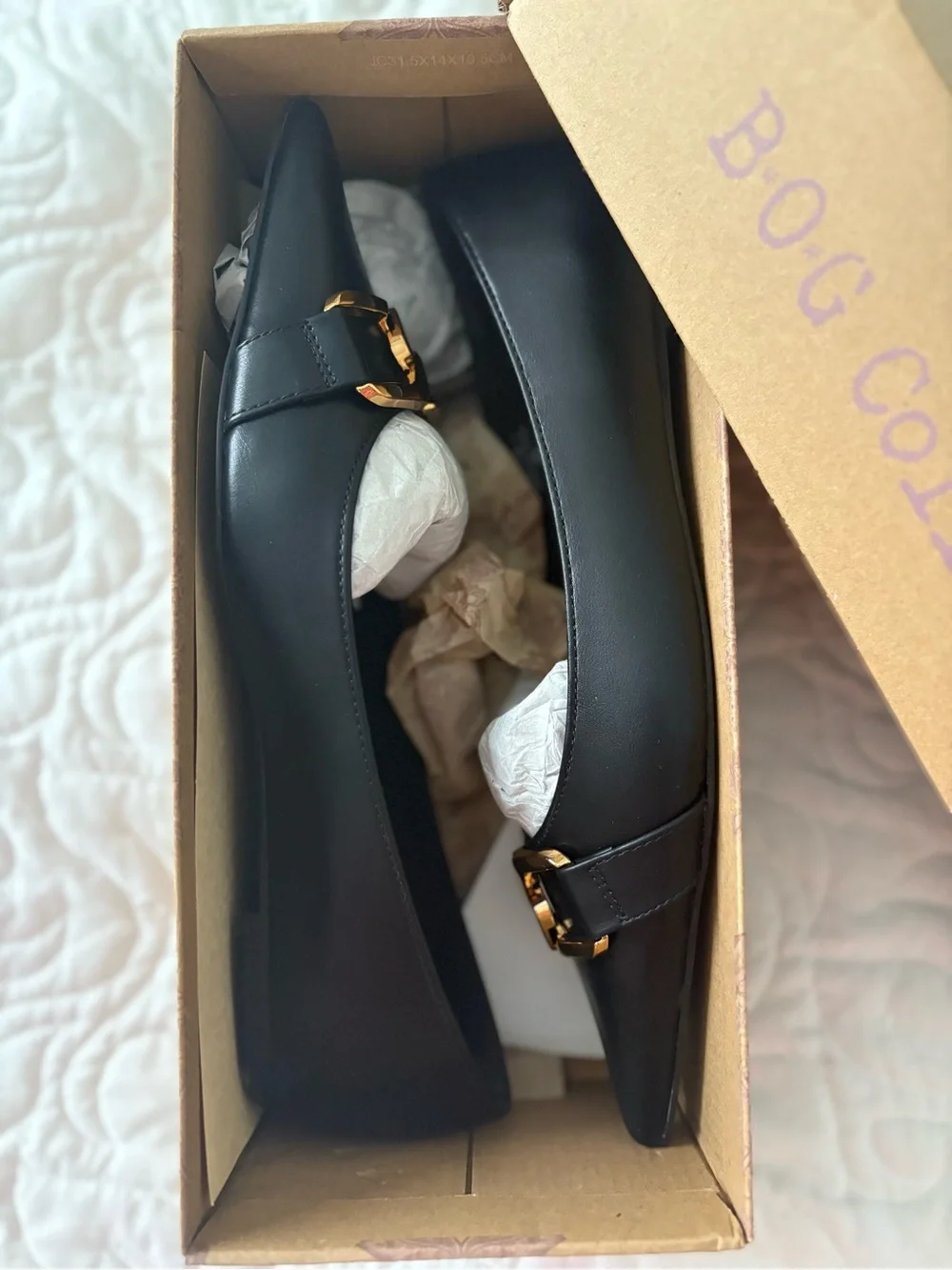BOG Collective Black Pointed Toe Flats with Gold Buckle